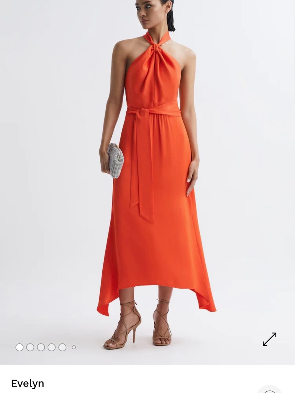 Reiss One-Shoulder Knot Halter Midi Dress in Bright Orange